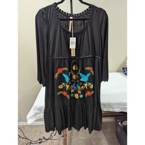 Uncle Frank Anthropologie Black Sz XL Embroidered Floral Boho Dress